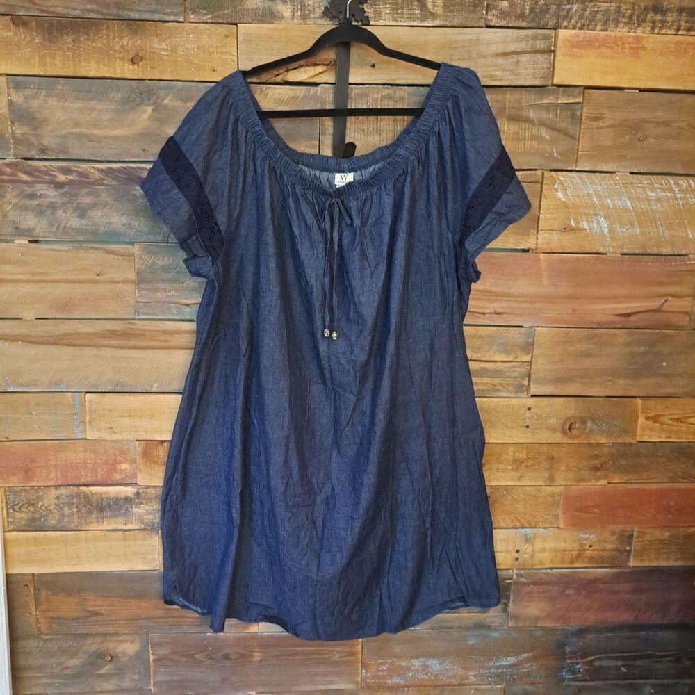 Wrapper Womens Plus Sz 3X Blue Denim Short Sleeve Dress Knee-length Lightweight